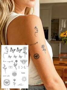 6pcs/1pc Herbal Juice Semi-Permanent Tattoo, Simple Line Art Abstract Face, Rose Branch, Fern, Butterfly, Cosmic Symbol Patterns, Waterproof, 7-14 Days Lasting, Suitable For Valentine's Day, Carnival Gifts - Blue - View 6