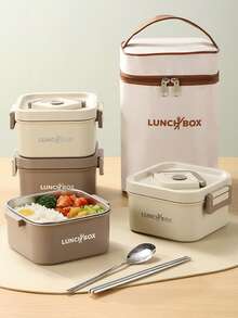 Set Wadah Makan Siang Terisolasi Portabel Dewasa & Pelajar 1/3/4/5 buah, Kotak Bento Stainless Steel yang Dapat Ditumpuk untuk Makanan Panas, dengan Tas Makan Siang Terisolasi, Unisex, 4 Wadah Makanan Panas Terpisah, Aman untuk Microwave (Aprikot/Cokelat) - MultiWarna - View 9