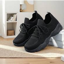 2026 New Style Women's Casual Sports Shoes Solid Color Lace-Up Slip-On Wear-Resistant Eva Insole Women's Tennis Shoes Indoor Exercise Outdoor Hiking Autumn And Winter Women's Shoes - Black - View 1