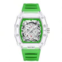 KIMSDUN Transparent Barrel‑Shape Watch For Men| Luminous Date Display & 30M Water‑Resistant Silicone Strap Quartz Watch - Transparent Red Face - Red Ribbon - View 12