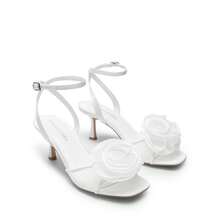 Women Kitten Hee Wedding Heeled Sandals Ankle Strap Square Open Toe Heeled Sandals Flower Dress Shoes For Spring Wedding Party Prom Wearing - 白色 - 查看 2