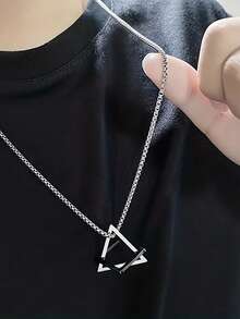 1pc Men's Unique Triangle & Square Geometric Pendant Necklace, Minimalist Geometric Design Necklace, Versatile Choker - Multicolor - View 5