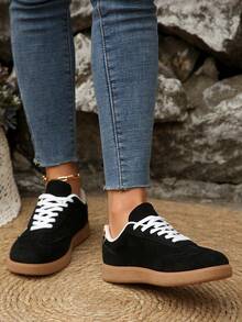1 pereche de pantofi sport damă cu dungi, model patchwork, cu talpă joasă, stil stradal tânăr și la modă, pantofi sport sport cu șireturi din piele întoarsă, versatili și confortabili pentru purtare zilnică - Negru - Vizualizare 6