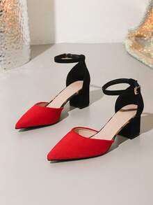 Nouvelles chaussures à talons hauts à bout pointu mode pour femmes, talons épais ajourés blocs de couleurs minimalistes décontractées et confortables pour le printemps/été - Multicolore - Voir 6