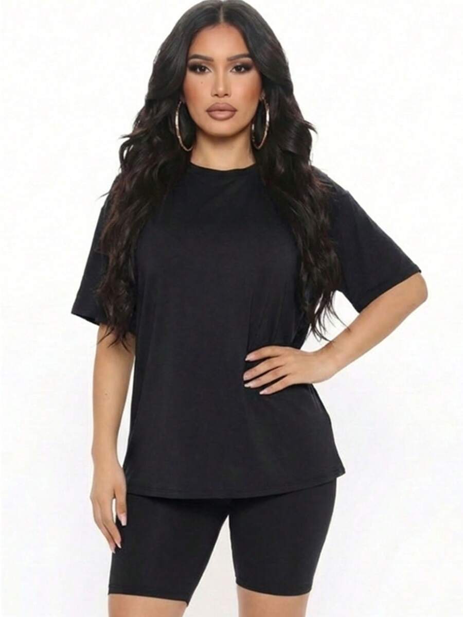 2pcs Loose Fit Top & Biker Shorts Set For Women, Solid Color Round Neck Machine Washable Comfy Basic Loungewear Sets For Summer Spring Fall - Black - View 1