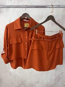 Marrant Women's Set | Three-Quarter Sleeve Shirt And Skort | Faux Pockets | With Belt - Màu Cam cháy - Xem 1