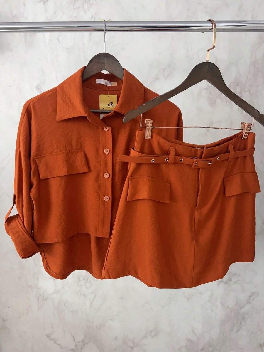 Marrant Women's Set | Three-Quarter Sleeve Shirt And Skort | Faux Pockets | With Belt - Màu Cam cháy - Xem 1