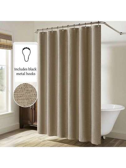 1pc Thick Waterproof Shower Curtain, Beige Faux Linen Shower Curtain With Metal Hooks - Thick, Quick Dry Fabric For Bathroom Privacy And Decor