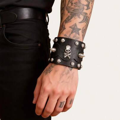 Punk-Style PU Leather Bracelet, Suitable For Both Men And Women - Perfect For Festivals/Parties (Gothic, Street Style, Handmade Details). Due To Different Manual Measurement Techniques, Slight Errors And Color Variations May Occur. Please Refer To The Actual Product You Receive