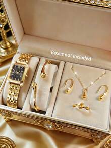 6 件套青少年手表套装，金色表带，优雅的不锈钢石英手表，配有吊坠项链、手链、戒指、耳环，是送给她的最佳生日礼物，适合日常佩戴、派对、万圣节、圣诞节 - 金色 - 查看 9