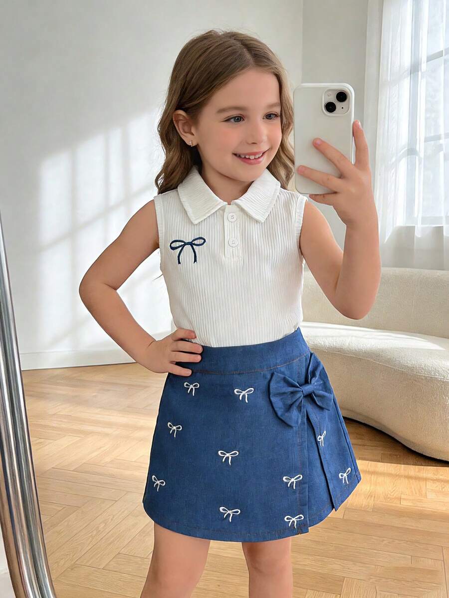 两件套：女童时尚甜美蝴蝶结刺绣领背心上衣和蝴蝶结开衩短裙，休闲度假装，夏季 - 白色 - 查看 1