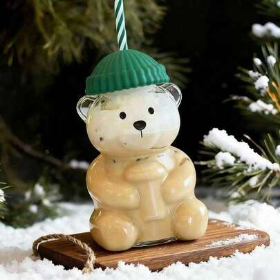 2-In-1 Green Teddy Bear Insulated Cup, Fashionable Portable Home & Travel Tumbler With Straw, Suitable For Cold Drinks And Milk Tea