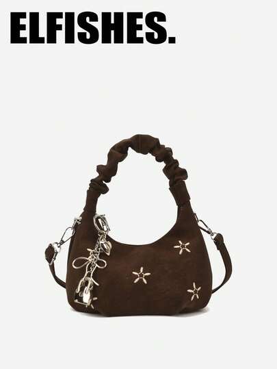 Pleated Crescent Handbag, Printed Fashion Shoulder Crossbody Bag With Zipper Closure And Pendant, Suitable For Girls, Women, College Students, Young Professionals, Great For Work, Business, Commute, School