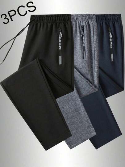 3pcs Men's Sports Pants Set, Side Zipper Pockets, Adjustable Drawstring Waistband, Suitable For Fitness, Travel And Casual Wear Black Spring