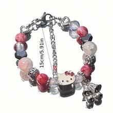 1pc Pink Kitty Beaded Bracelet, Fashionable Dopamine Cat Bell Charm Bracelet, Cartoon Bracelet, Ideal Gift For Best Friend Or Girlfriend, Lucky Charm Bracelet - Multicolor - View 5