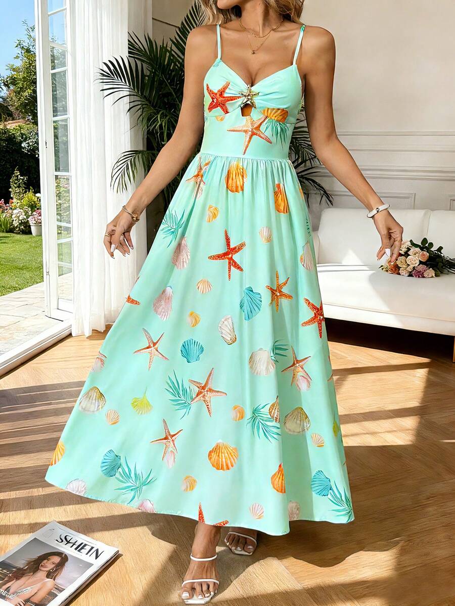 Vestido de mujer con cintura ceñida y estampado de estrella de mar, adecuado para vacaciones, primavera/verano - verde menta - Ver 1