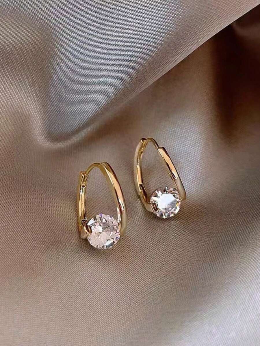 1 Pair Minimalist Geometric Micro-Inlaid Zirconia Earrings, Fashionable Delicate Elegant Design, Versatile Women Earrings - one-size - View 1