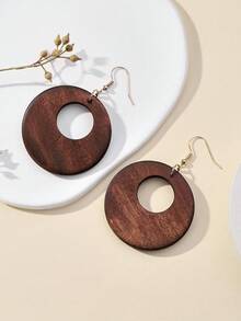 1 Pair Vintage Wooden Hollow Round Pendant Earrings - Brown - View 3