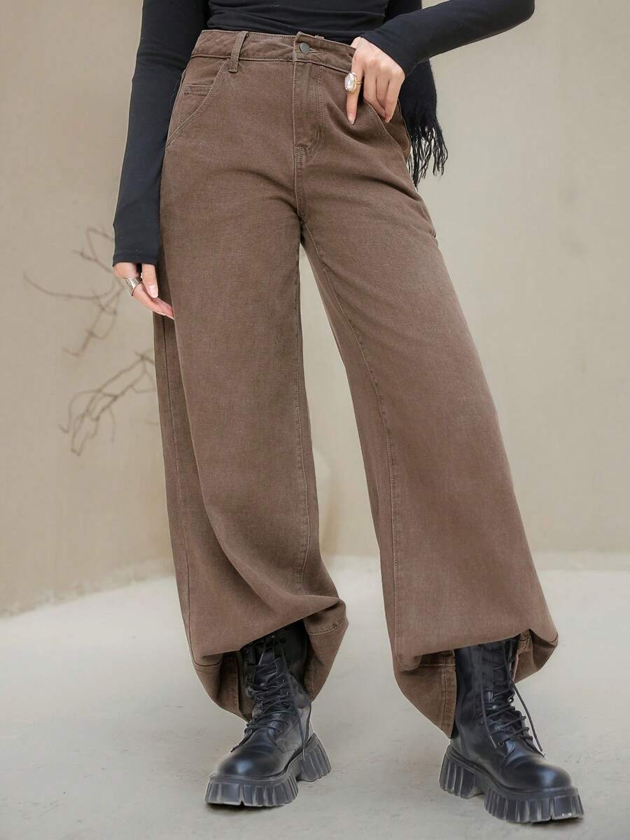 DAZY 女式做旧洗水直筒牛仔裤，返校服 - 棕色 - 查看 1