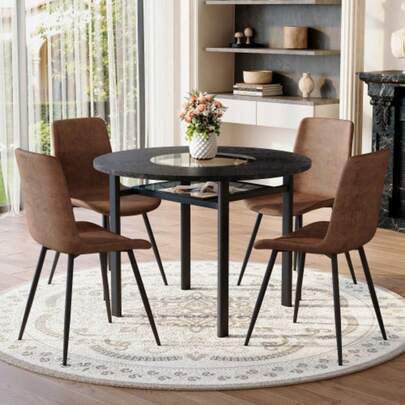 Modern Minimalist Rundtisch-Set (Mit 4 Braunen Sesseln Aus Tech-Stoff Und Verbreitertem Komfortsitzkissen), Round Tisch Mit 100 Cm Durchmesser In Schwarzer Holzoptik, Geeignet Für Wohnzimmer,