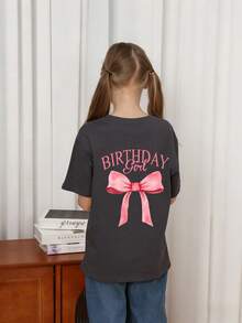 女童休闲印花圆领短袖T恤，夏季上衣 - 深灰色 - 查看 2