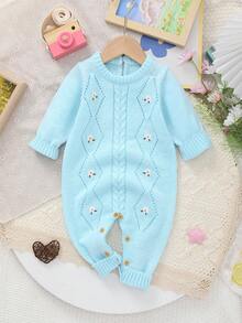 Baby Girls Embroidered Long Sleeve Knit Romper - Baby Blue - View 2