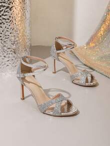 Giày sandal cao gót mũi nhọn hở mũi màu trơn trong suốt đính pha lê, kiểu dáng cổ tích, dành cho nữ, mùa hè. - Bạc - Xem 6