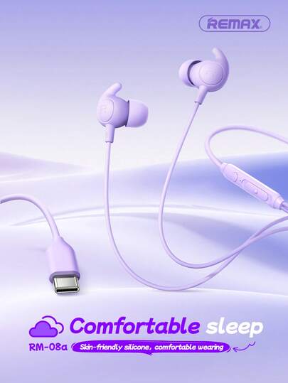 REMAX 隔音睡眠耳机，Hi-Fi 音质，符合人体工学的硅胶设计，适合长时间佩戴，兼容多种 Type-C 接口，1.2 米长线缆，游戏耳机，有线耳机，运动耳塞