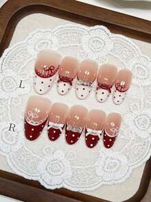 10 PCS Kawaii Red White Press - On Nails Japanese Retro Lace Design Glue - On Nails For Party & New Year - Multicolor - View 10