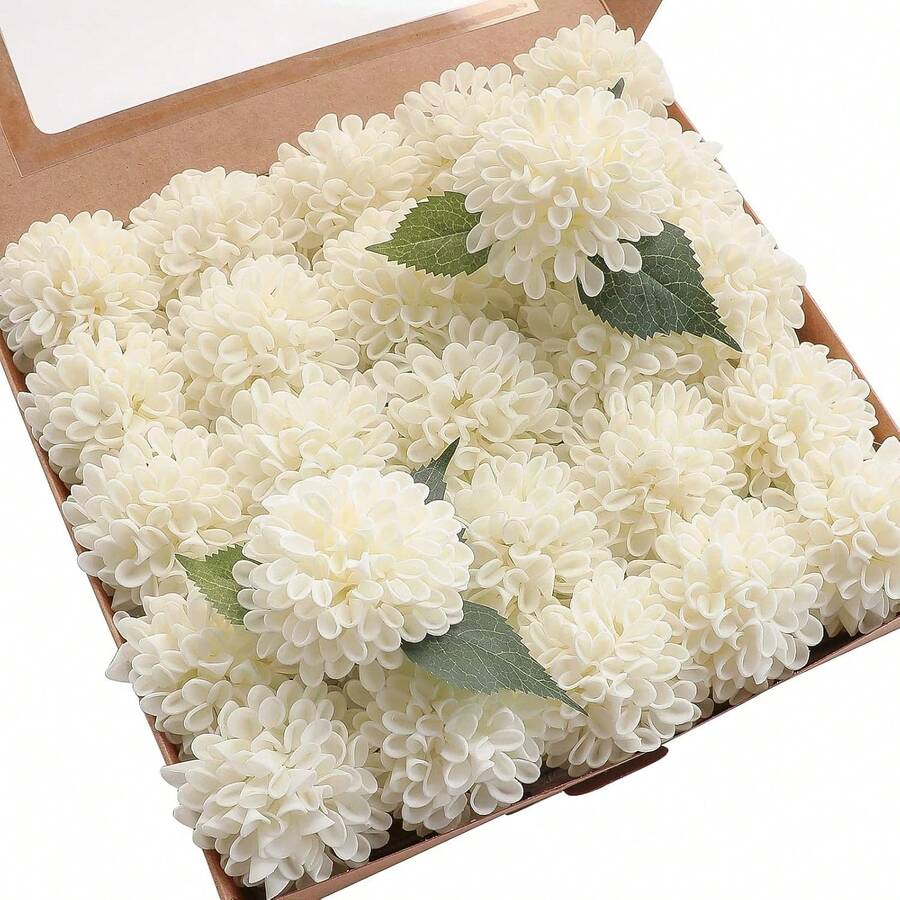 Artificial Dahlia Flowers 25pcs/50/75pcs/100pcs Real Looking Ivory Foam Fake Roses With Stems For DIY Wedding Bouquets White Bridal Shower Centerpieces Floral Arrangements Party Tables Home Decoration - 米色 - 查看 1
