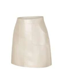 Giolshon Plus Size Women's Warm PU Leather Mini Skirt | Black Elegant Short Design, Elastic Waistband, Fashionable For Autumn/Winter Spring - Beige - View 4