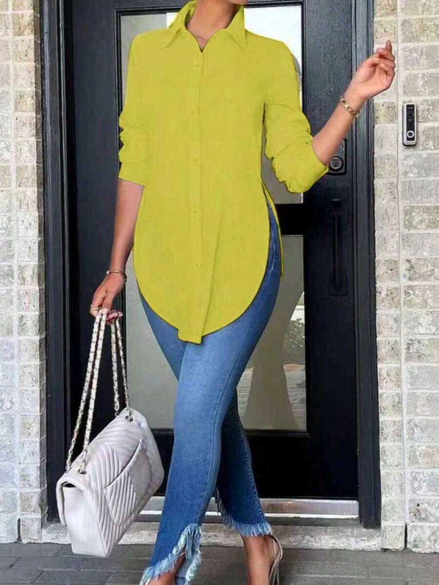 Women's Solid Color Asymmetric Hem Button Front Casual Long Sleeve Shirt - Mustard Yellow - View 1
