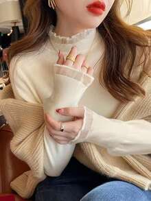 女士荷叶边高领毛衣，秋冬季 - 白色 - 查看 3