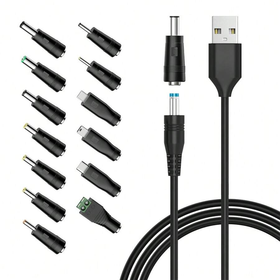 Universal 5V D C 5.5 2.1mm Jack Charging Cable Power Cord, USB To D C Power Cable With 14 Interchangeable Plugs Connectors Adapters Compatible With 5V Devices Max Support 3A - Black - View 1