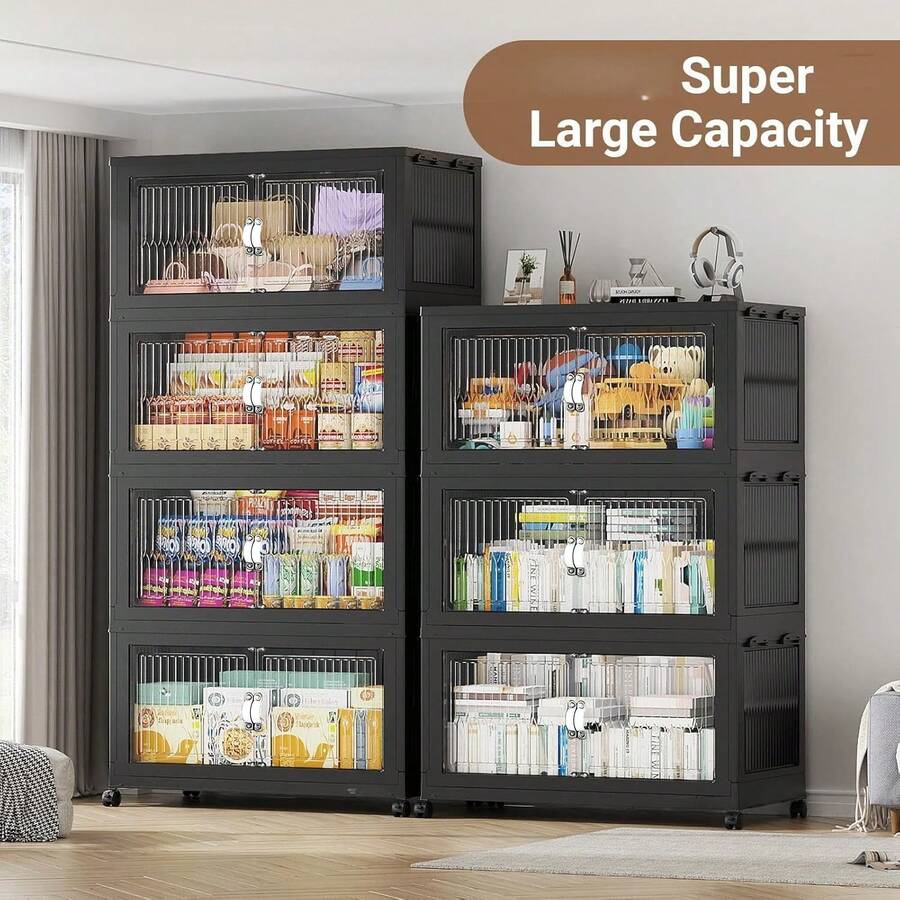 28inch 600Qt Stackable Storage Bins With Lid, Extra Large Closet Organizer Collapsible Drawer Boxes With Wheels, Folding Plastic Cabinet Containers For Home Kitchen Room Organization, 1/2/3/4/5Pack - 灰色 - 查看 1