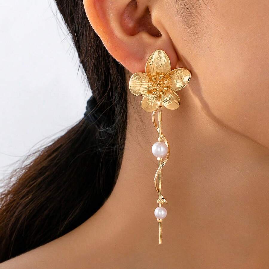 1 Pair Elegant Tassel Flower & Faux Pearl Dangle Earrings, Suitable For Vacation, Party, Festival, Girlfriend Gift - Multicolor - View 1