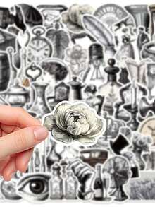 50pcs Black & White Retro Sticker Set, PVC Material, Each 3-7cm, Creative Aesthetic Design, Unique Patterns - 60PCS - View 11