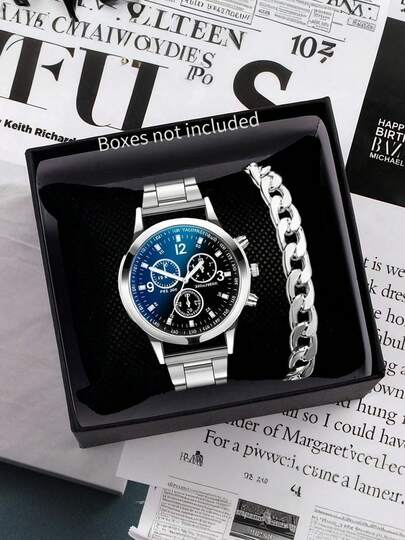 2pcs/Set Iridescent Blue Light Glass 3-Eye Steel Band Watch & Flat Chain Set