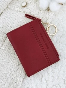 With A Chain Keychain,Wine Red Letter Detail Fold Over Small Wallet Pocket Wallet Small Purse Bifold Slim Women Wallet Lightweight Portable Credit Card Key Case Short Wallet Cute Modern Fashion For Birthday Gift Christmas Anniversary Women Girls Lady,Business,For Anniversary,For Christmas,On Valentine Day,For Birthday Gift,For Gift,For Lover For Women,For Girls,For Lady,For Female,Bag School Supplies For School Dorm Room & Back To School - Burgundy - View 10