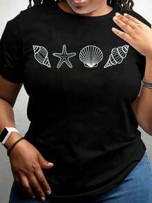 Women's Summer Beach Theme Shell And Starfish Print T-Shirt, Pure Cotton Casual Round Neck, Soft And Comfortable Stretch Fabric, Daily Wear, Seasonal Wear, Gift For Family Or Lov - 白色 - 查看 7