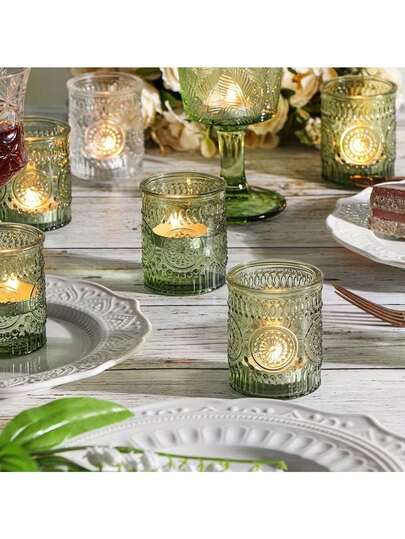 1pc Green Glass Cylinder Candle Holder, Glass Translucent Candle Holder, Desktop Decor Candle Stand, Creates Holiday Atmosphere, Suitable For Wedding, Party And Holiday Decoration, Tea Light Holder, Holiday Tabletop Decor