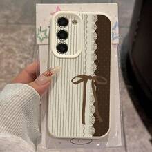 1pc Elegant Retro Striped Lace Bow Design TPU Soft Phone Case Compatible With Samsung/Redmi Models - White - View 1
