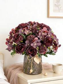 1件仿真牡丹丝绣球花束，新娘手捧花材，适用于家居、餐厅、花瓶装饰、婚礼装饰、背景墙装饰、婚车花车装饰（含DIY花环材料）、门楣装饰、花卉材料、情人节礼物、秋季装饰 - 酒紅色 - 查看 2