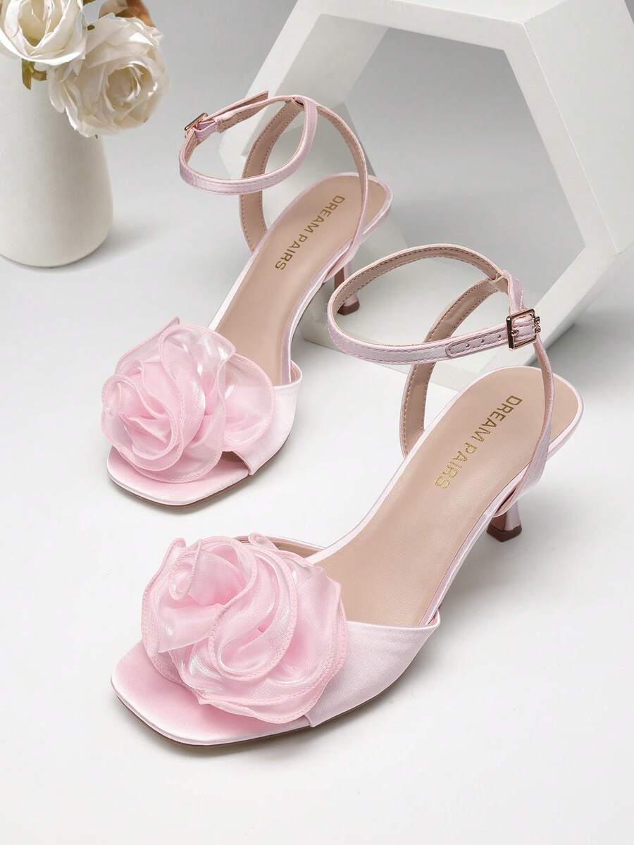 Women Kitten Hee Wedding Heeled Sandals Ankle Strap Square Open Toe Heeled Sandals Flower Dress Shoes For Spring Wedding Party Prom Wearing - 粉色 - 查看 1