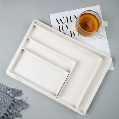 1pc White Faux Wood Grain Rectangular Serving Tray, Restaurant Hotel Beverage Tray, Hotel Toiletries Display Plate
