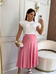 Women's Tailored Midi Skirt, A-Line, Sensual Style, With Elegant Pockets - 羅莎 - 查看 3