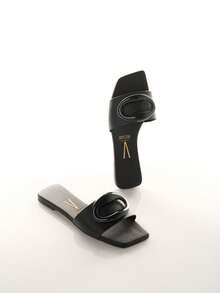 Vizzano Soft Leather Flat Slide Sandals With Modern Detail - Black - View 1