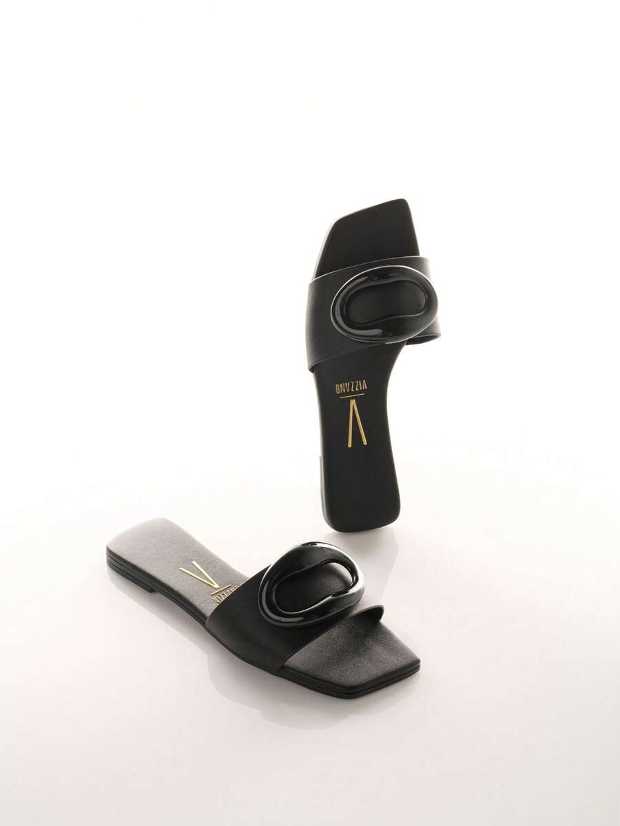 Vizzano Soft Leather Flat Slide Sandals With Modern Detail - Black - View 1