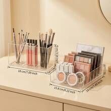 2-In-1 Acrylic Makeup Organizer And Eyebrow Brush Set | Transparent Makeup Brush, Eyeshadow And Lipstick Storage | Vanity Organizer Set - Multicolor - View 2