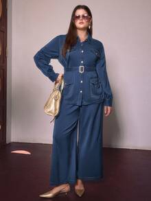 Sollinarry Conjunto de 2 piezas talla grande para mujer, chaqueta de camisa de manga larga con botones y cinturón, y pantalones de pierna ancha, conjunto casual elegante adecuado para trabajo, compras, vacaciones y enseñanza en primavera - Azul Marino - Ver 6